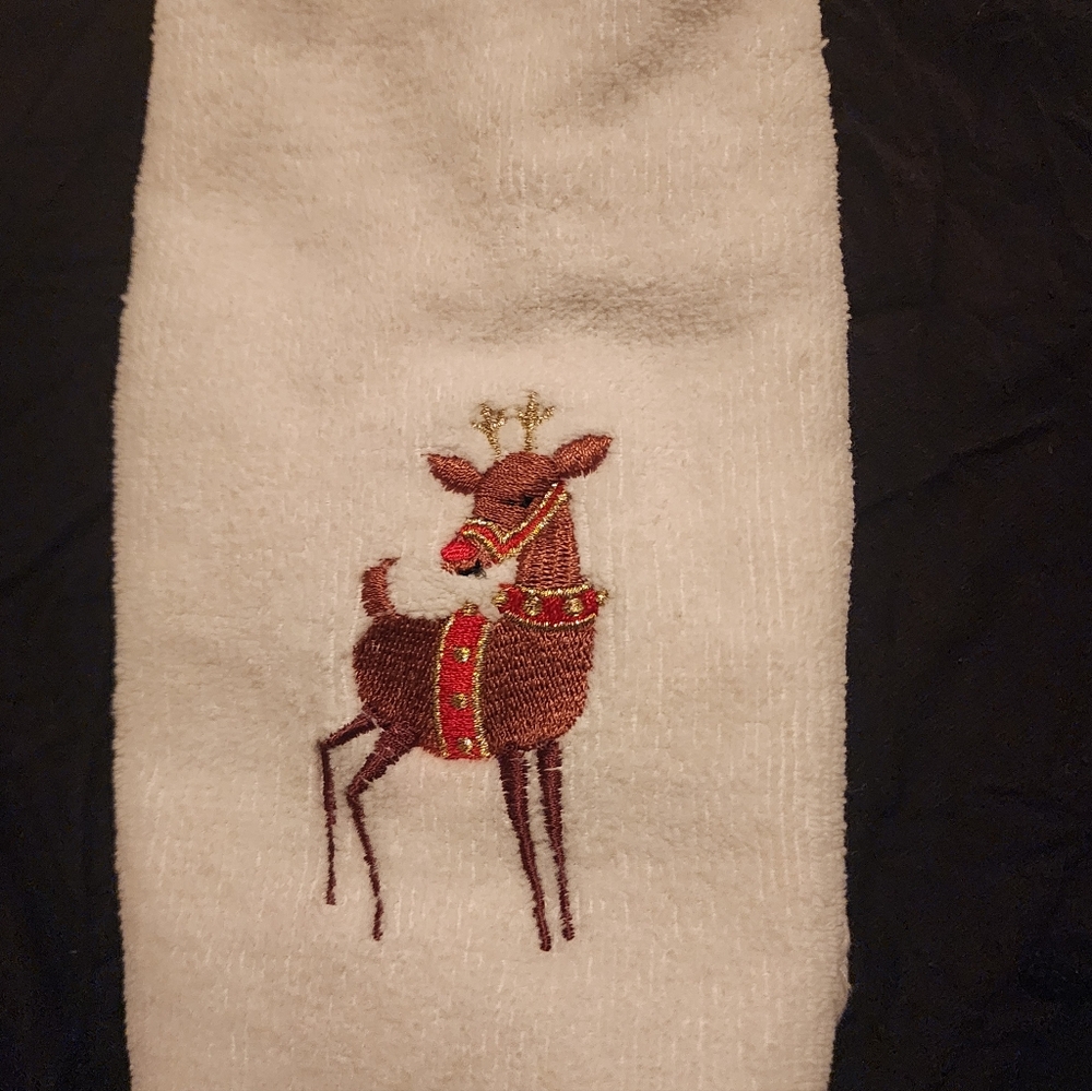 Festive Reindeer Embroidered  Handtowel. Set Of 8.